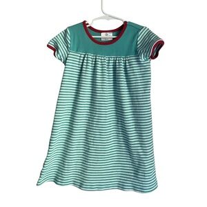 Hanna Andersson Striped Teal and White Dress with Red Accents 120 Sz 6